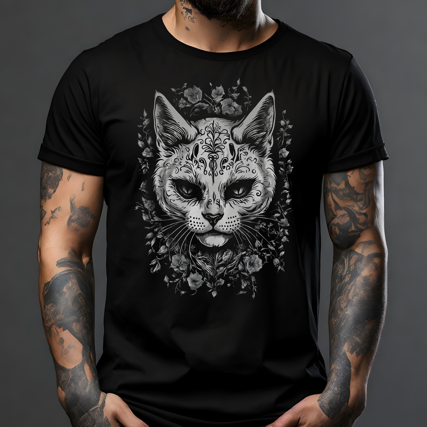 Tribal Cat with Flowers T-shirt