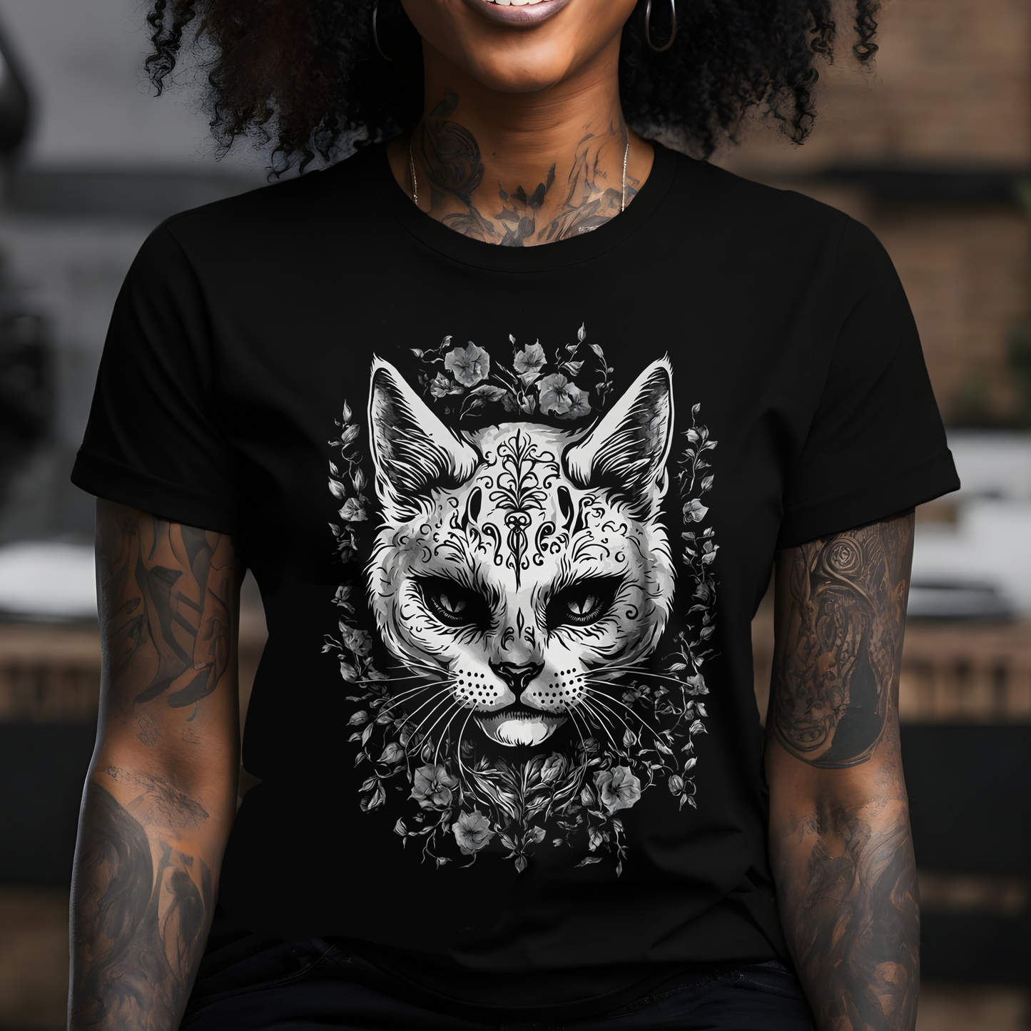 Tribal Cat with Flowers T-shirt