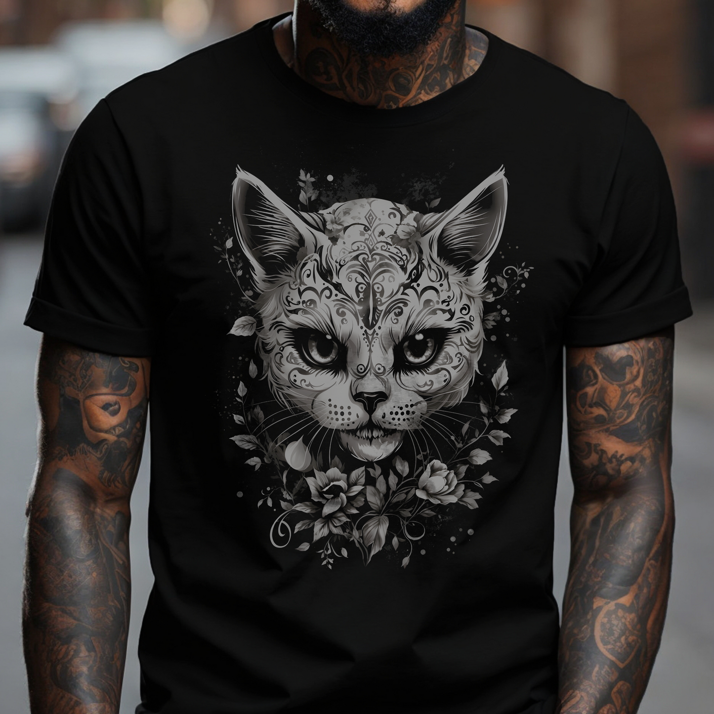 Tribal Cat with Flowers T-shirt