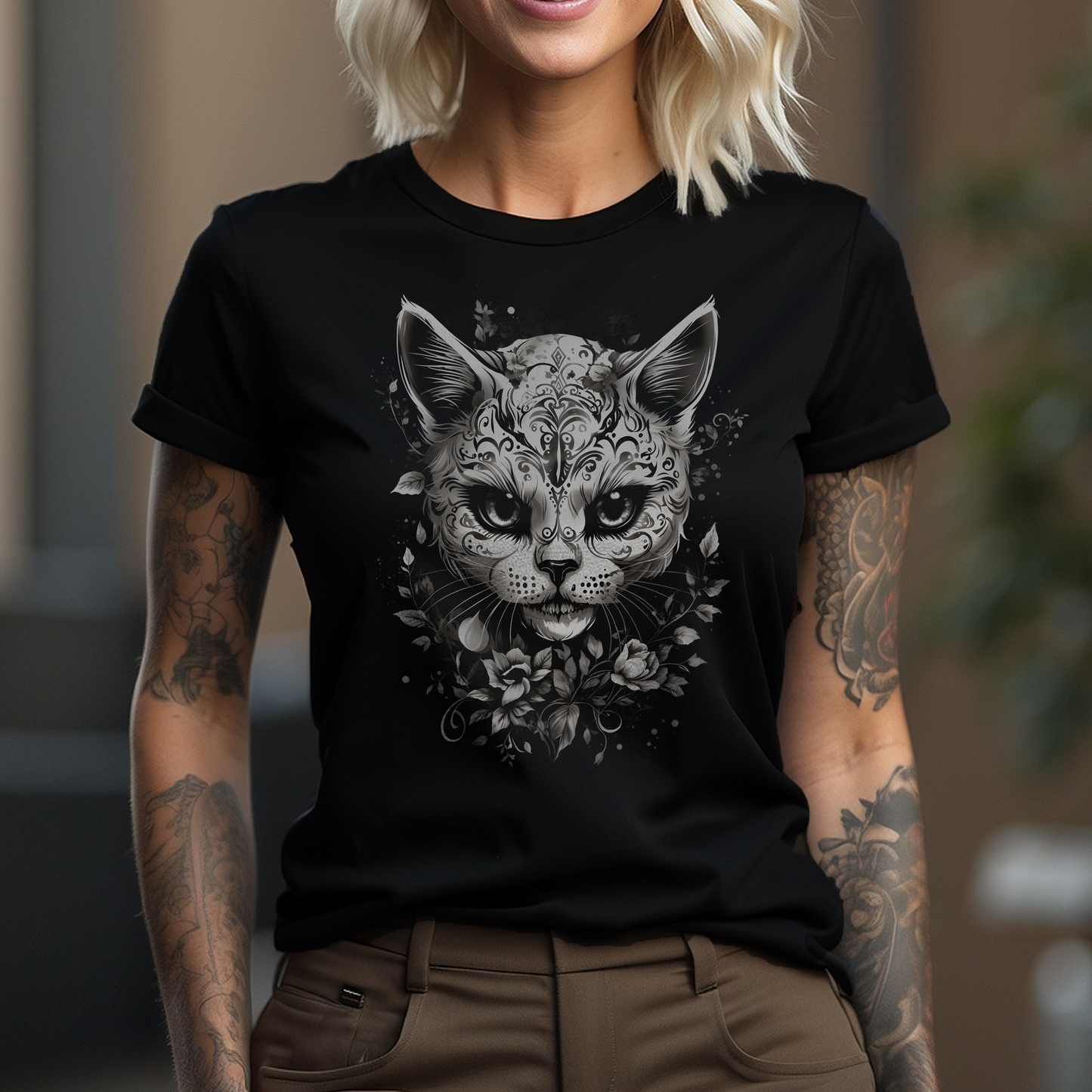 Tribal Cat with Flowers T-shirt