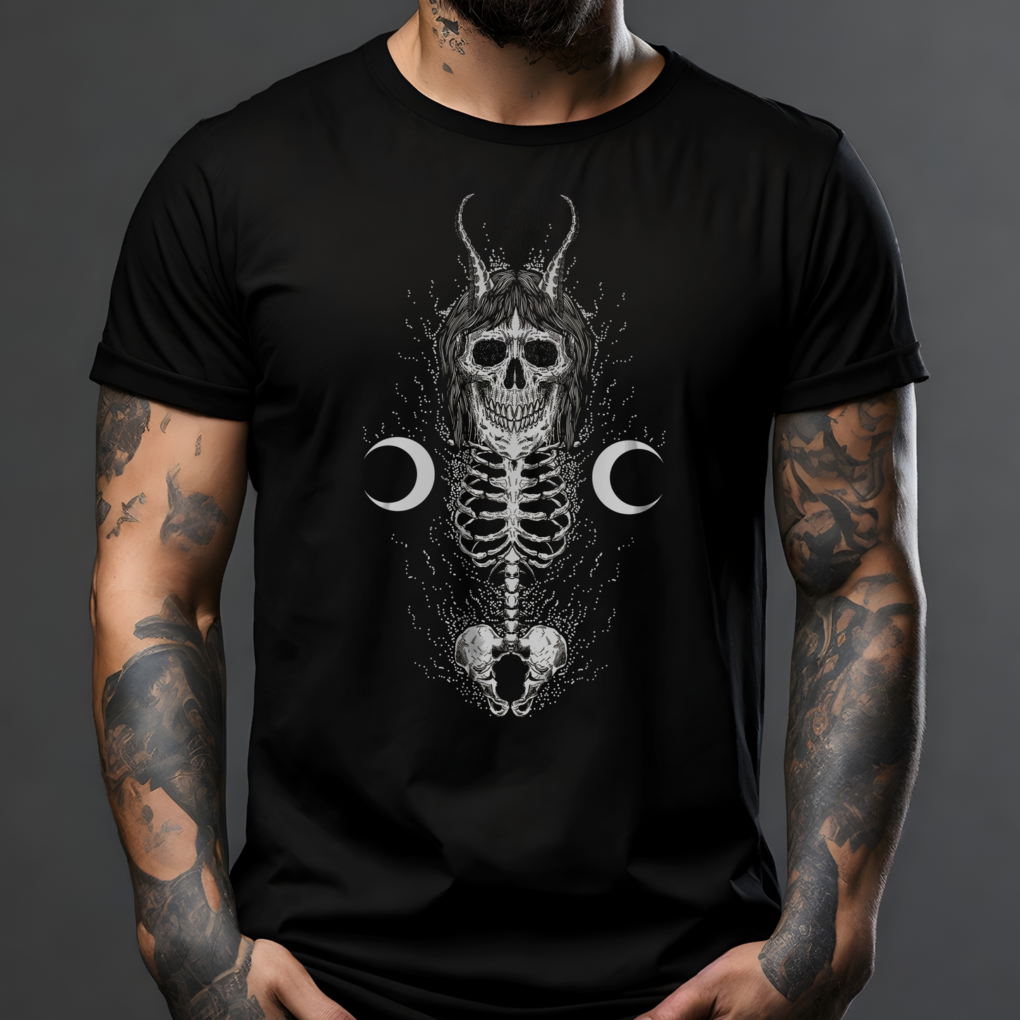 Skull Body and Crescent Moon Artwork T-Shirt