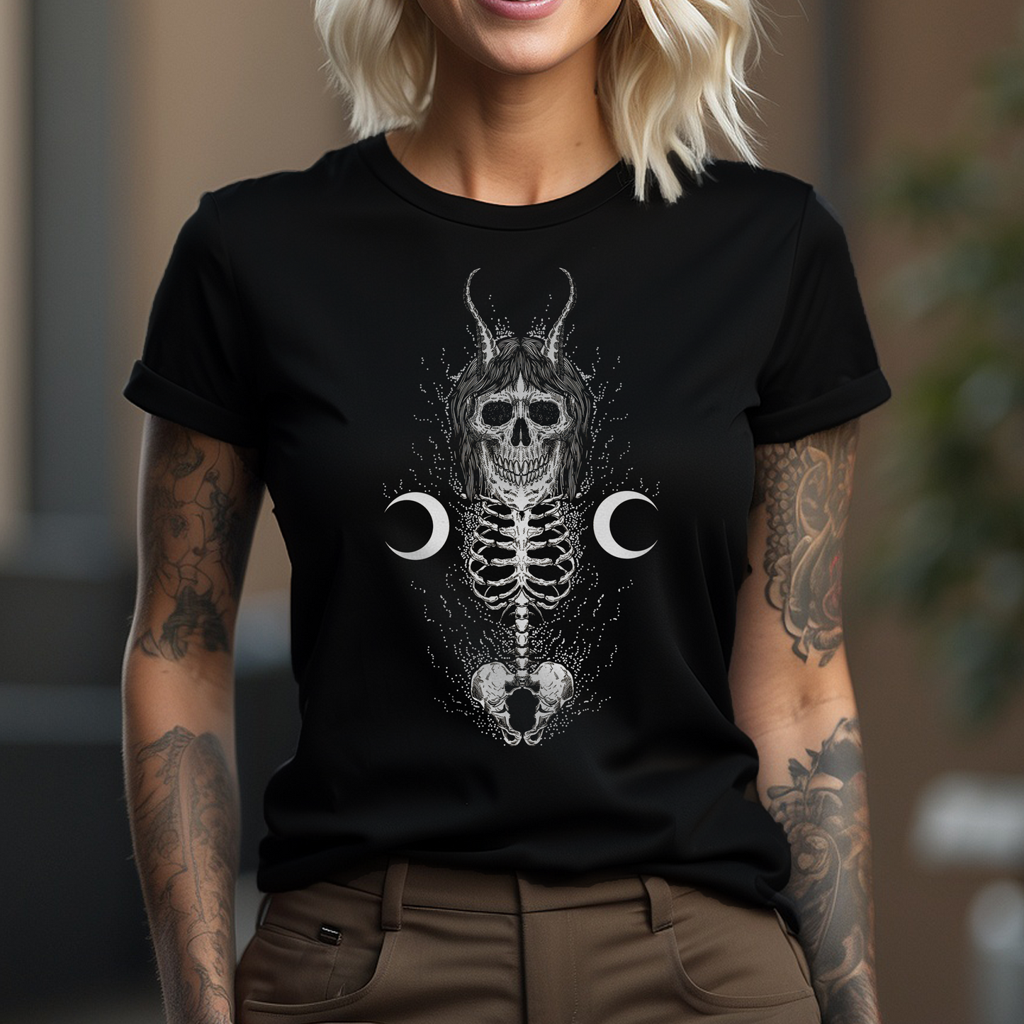 Skull Body and Crescent Moon Artwork T-Shirt